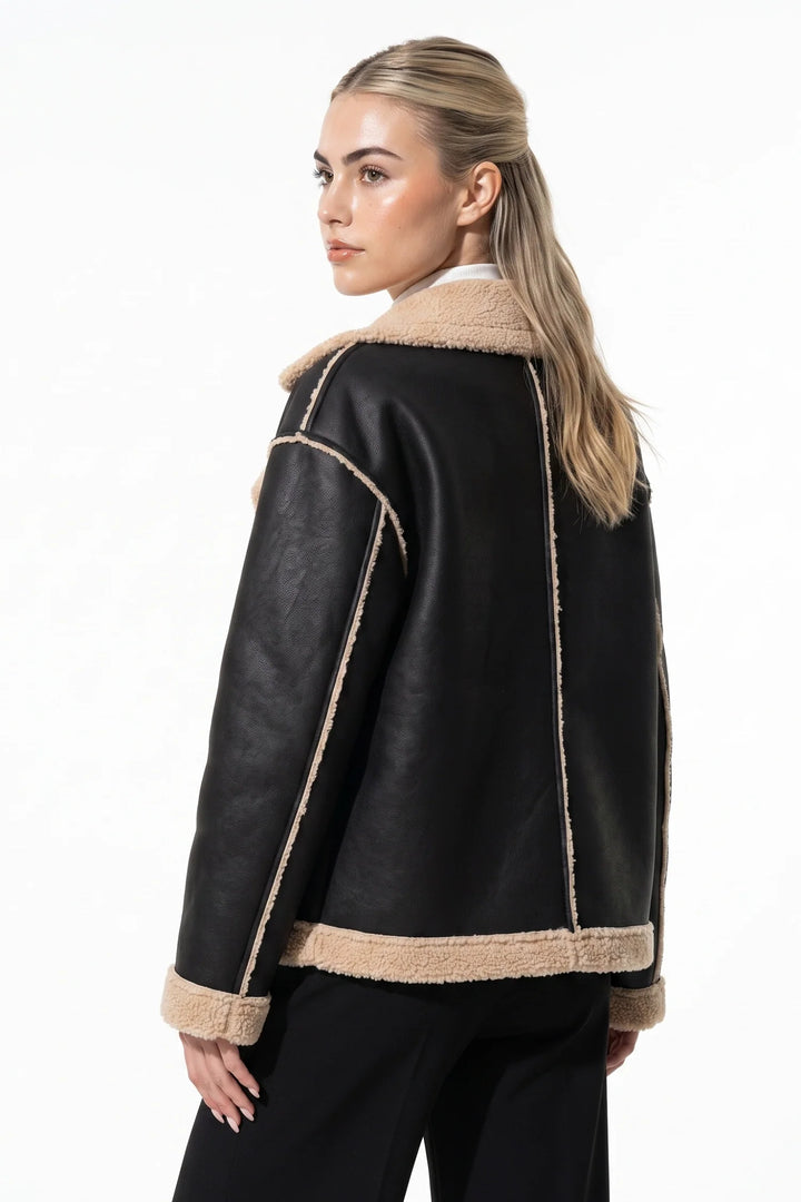 Victoire Chavelle | Women’s Winter Warm Faux Fur Jacket in Leather Aviator Style
