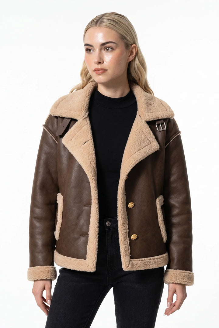 Victoire Chavelle | Women’s Winter Warm Faux Fur Jacket in Leather Aviator Style