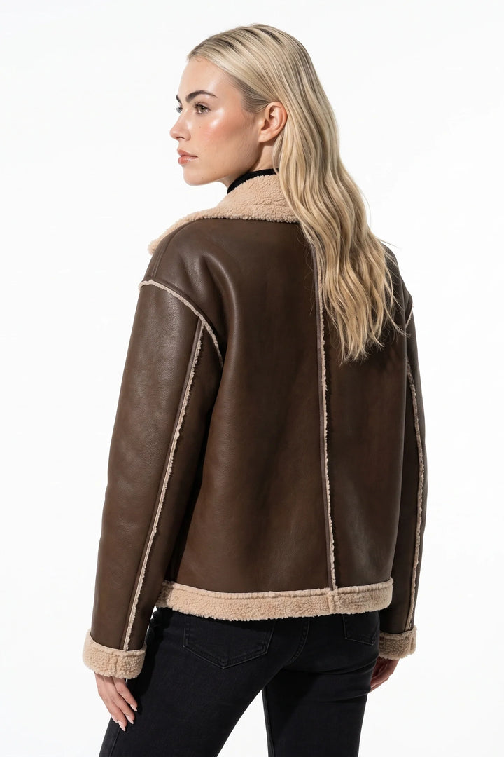 Victoire Chavelle | Women’s Winter Warm Faux Fur Jacket in Leather Aviator Style
