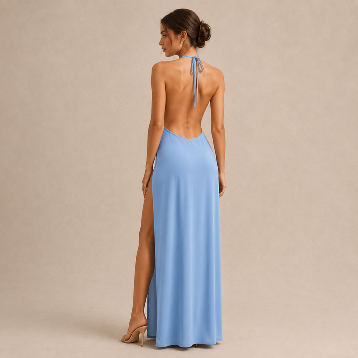 Isabeau Renault | Halter Neck Backless Thigh Slit Maxi Dress