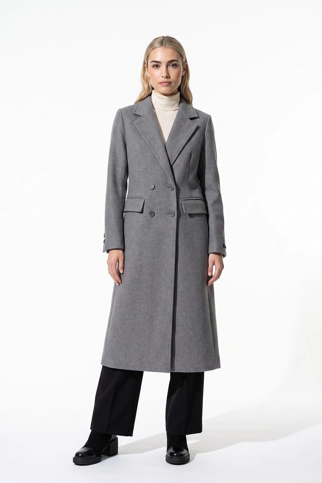 Jade Valençay | Women’s Double Breasted Long Coat – Notched Lapel Winter Overcoat