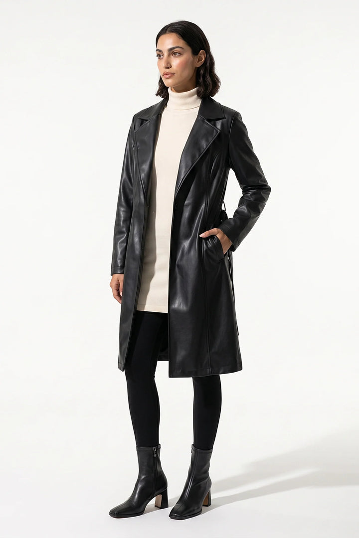 Louise Chastelier | Women’s Winter Warm Leather Coat with Belted Waist
