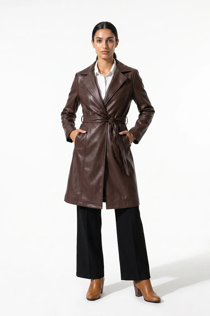 Louise Chastelier | Women’s Winter Warm Leather Coat with Belted Waist