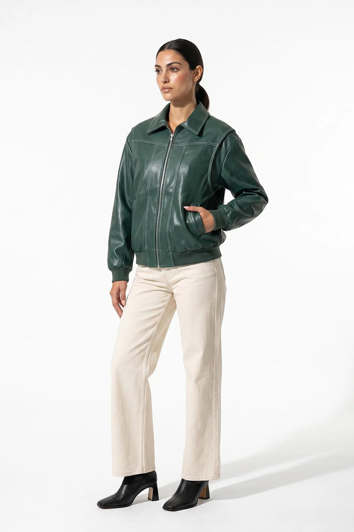 Geneviève Claret | Women’s Winter Versatile Oversized Leather Jacket with Zip Up Front