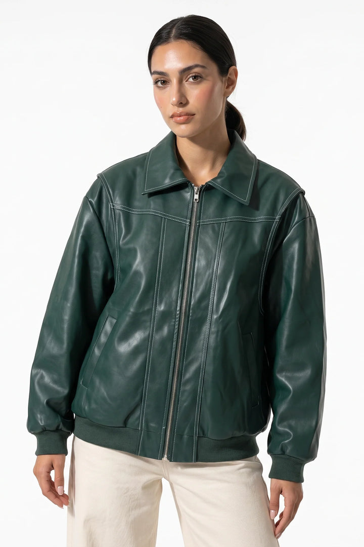 Geneviève Claret | Women’s Winter Versatile Oversized Leather Jacket with Zip Up Front