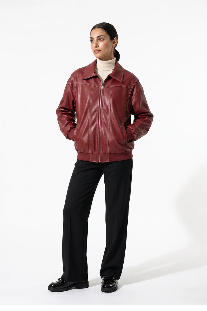 Geneviève Claret | Women’s Winter Versatile Oversized Leather Jacket with Zip Up Front