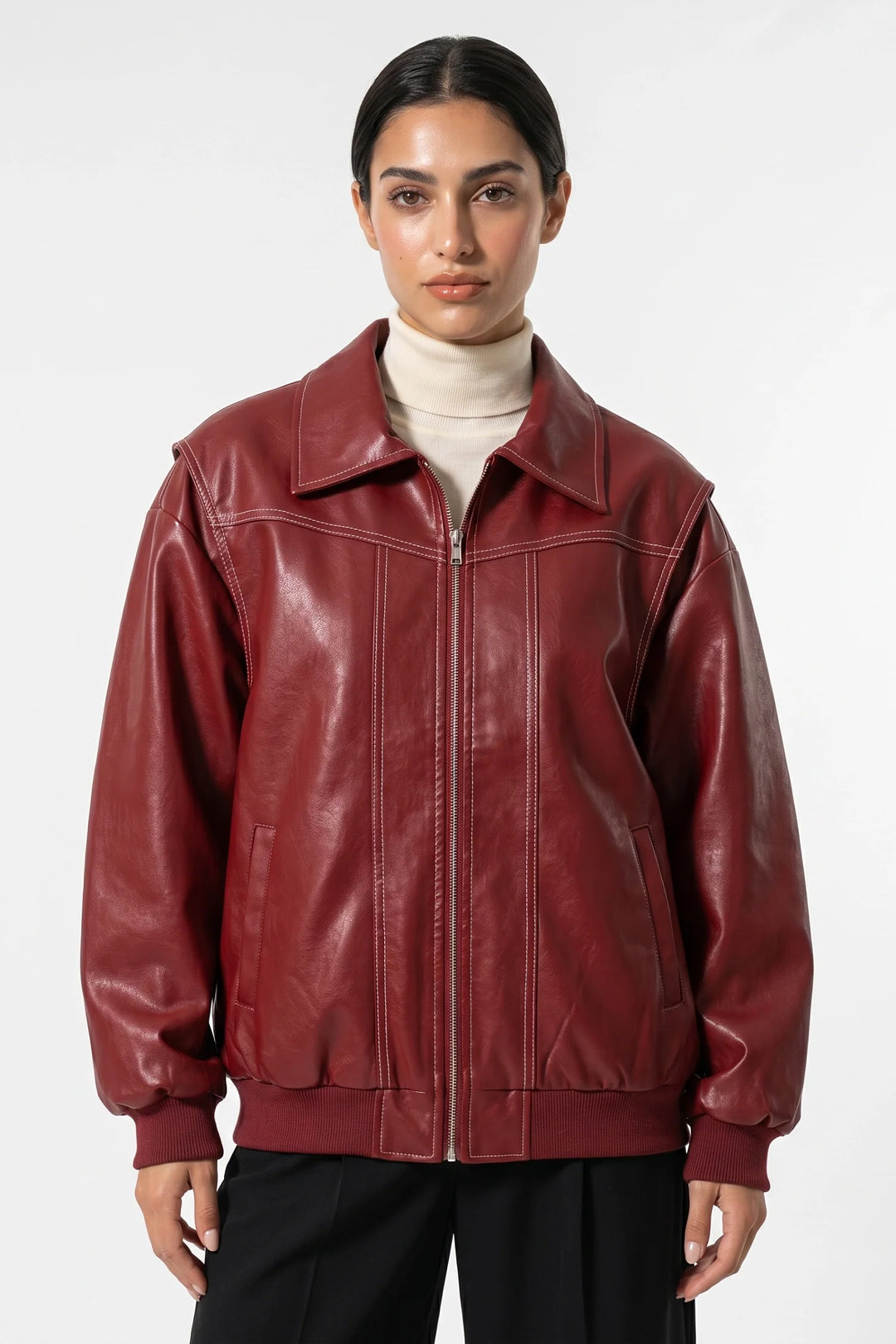 Geneviève Claret | Women’s Winter Versatile Oversized Leather Jacket with Zip Up Front