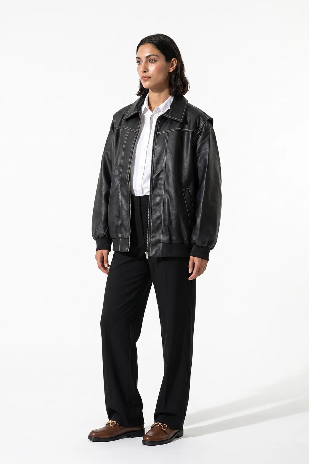 Geneviève Claret | Women’s Winter Versatile Oversized Leather Jacket with Zip Up Front
