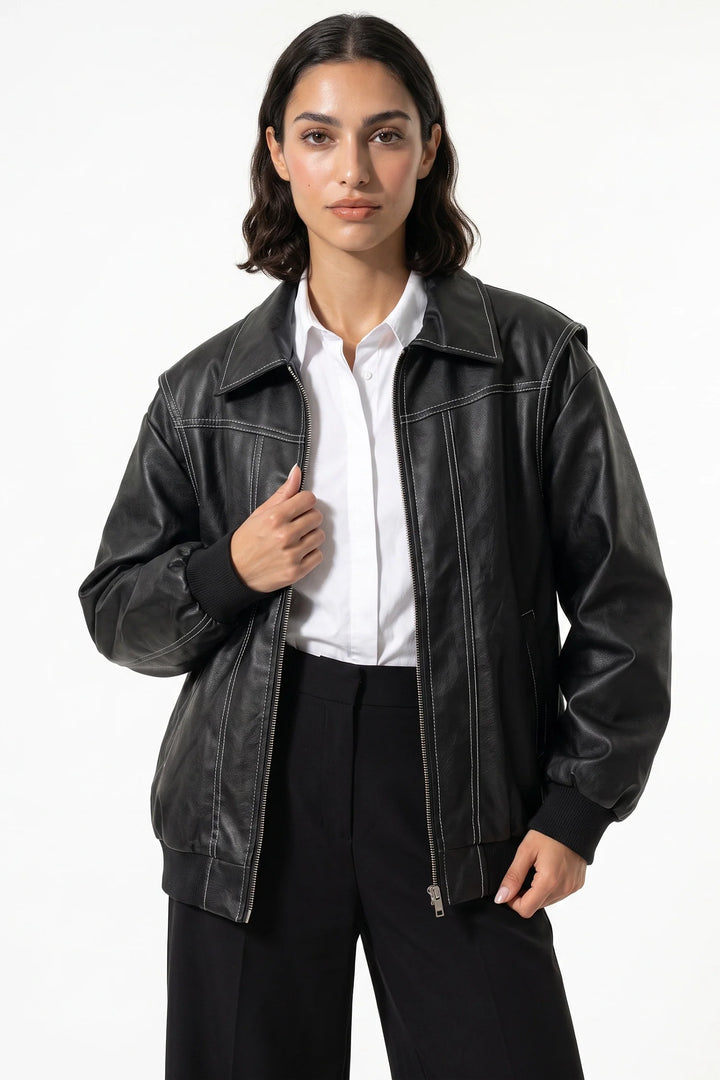 Geneviève Claret | Women’s Winter Versatile Oversized Leather Jacket with Zip Up Front