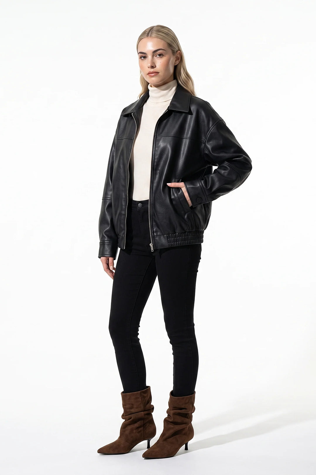 Cyrielle Dorléac | Women’s Winter Versatile Black Oversized Leather Jacket