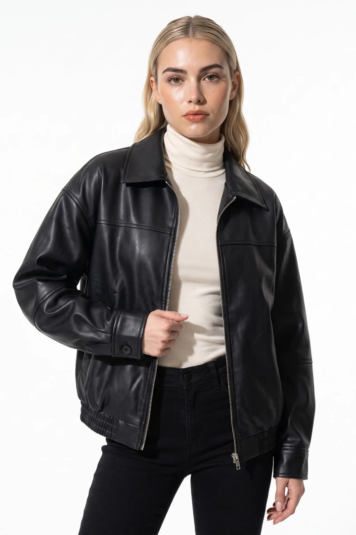 Cyrielle Dorléac | Women’s Winter Versatile Black Oversized Leather Jacket