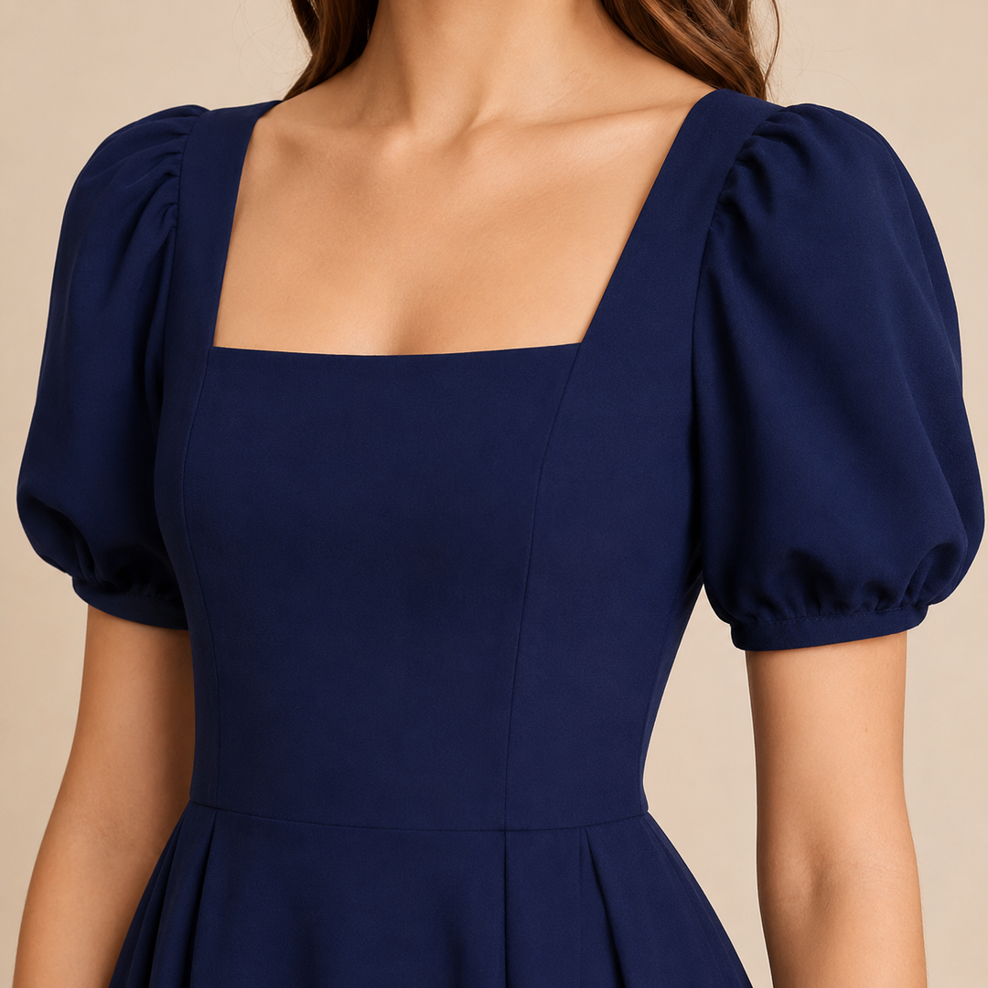 Ariane Charrier | Square Neck Puff Sleeve A-Line Midi Dress
