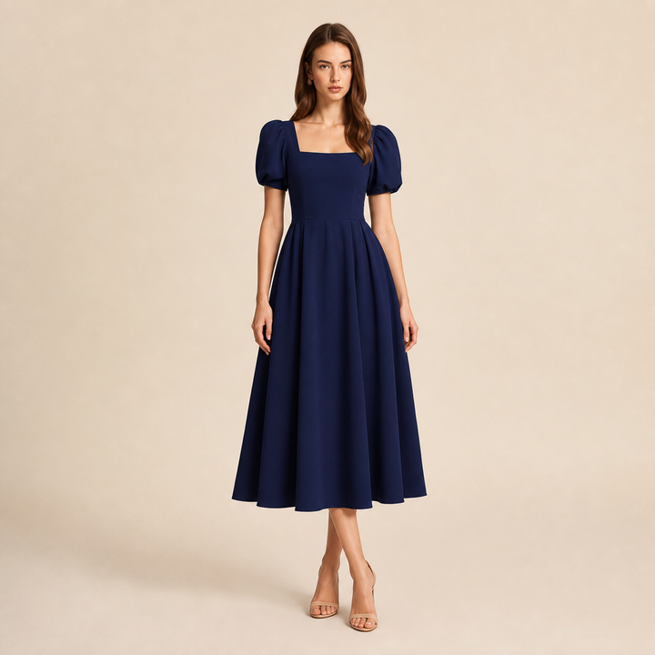 Ariane Charrier | Square Neck Puff Sleeve A-Line Midi Dress