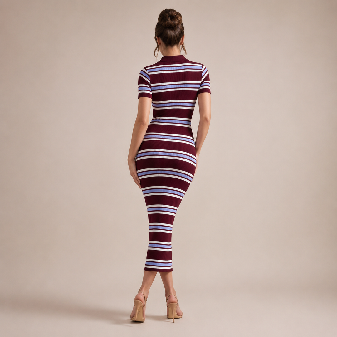 Laurette Joly | Striped Ribbed Knit Polo Bodycon Midi Dress