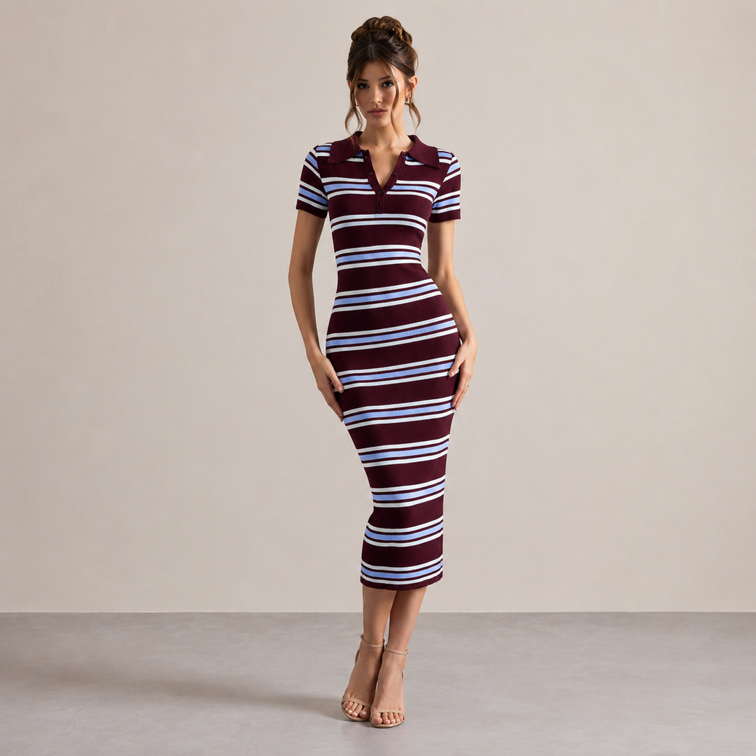 Laurette Joly | Striped Ribbed Knit Polo Bodycon Midi Dress