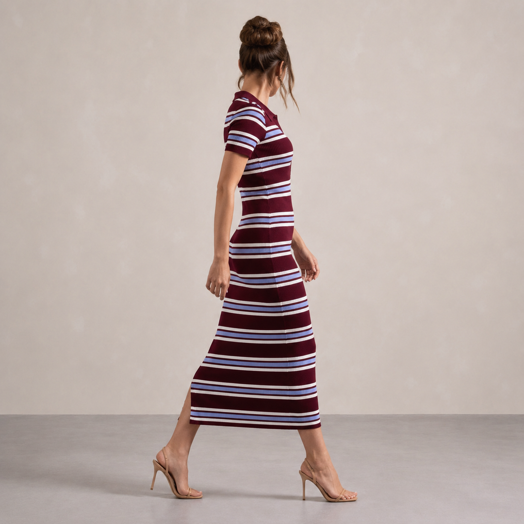 Laurette Joly | Striped Ribbed Knit Polo Bodycon Midi Dress