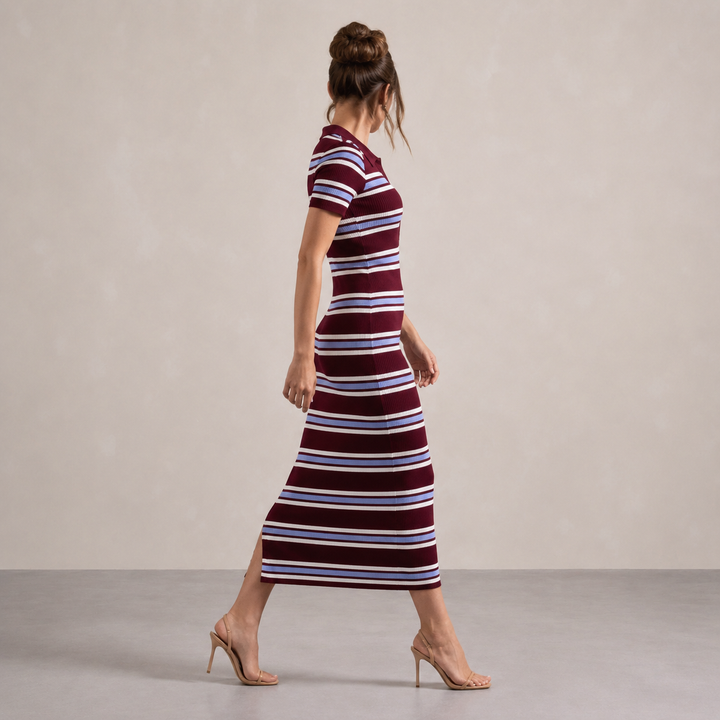 Laurette Joly | Striped Ribbed Knit Polo Bodycon Midi Dress