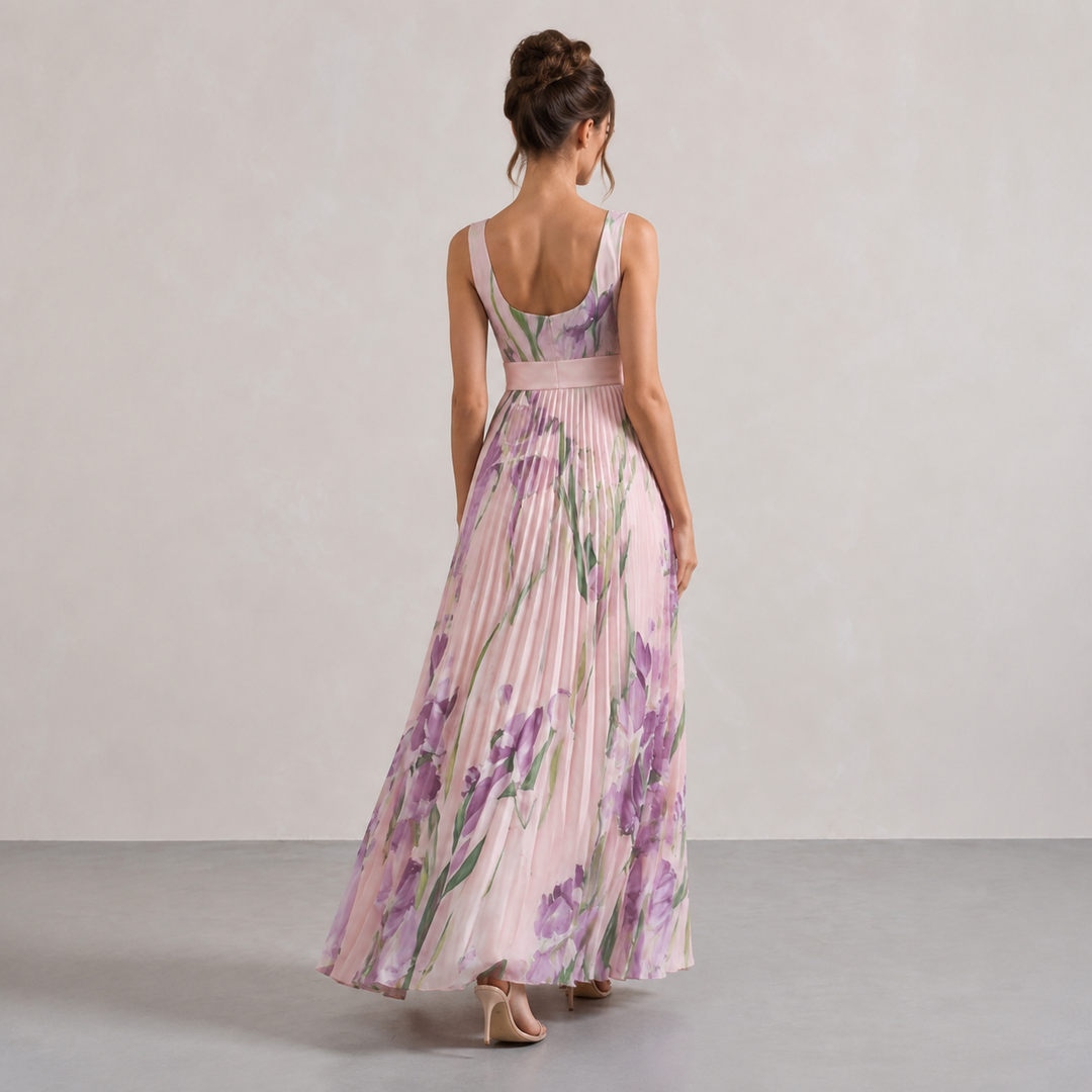 Éléonore Leduc | Floral Print Pleated Square Neck Maxi Dress