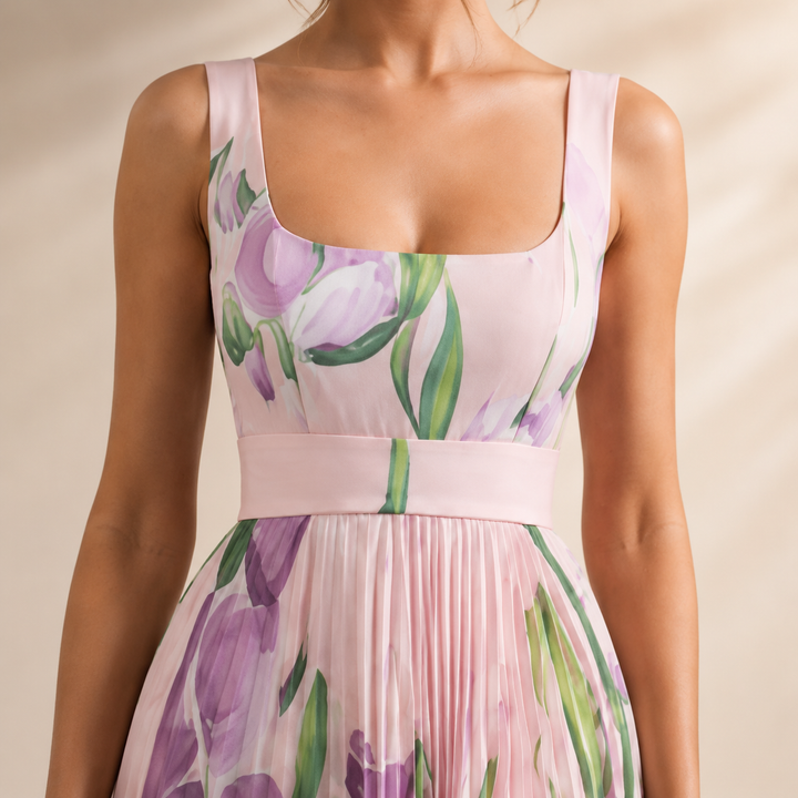 Éléonore Leduc | Floral Print Pleated Square Neck Maxi Dress