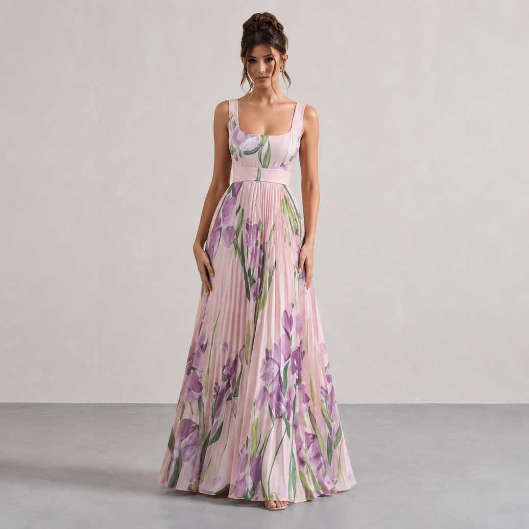 Éléonore Leduc | Floral Print Pleated Square Neck Maxi Dress