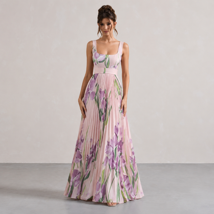 Éléonore Leduc | Floral Print Pleated Square Neck Maxi Dress