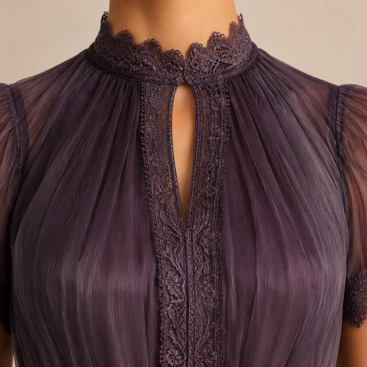 Candice Neveu | High Neck Lace Trim Chiffon Maxi Dress