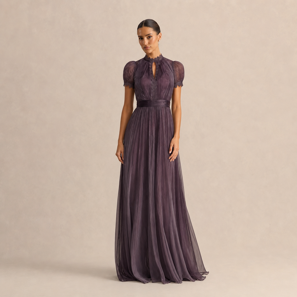 Candice Neveu | High Neck Lace Trim Chiffon Maxi Dress