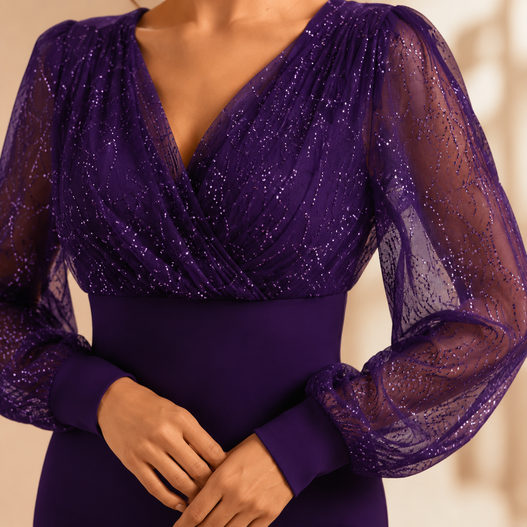 Félicie Legros | Glitter Mesh V-Neck Long Sleeve Bodycon Mini Dress