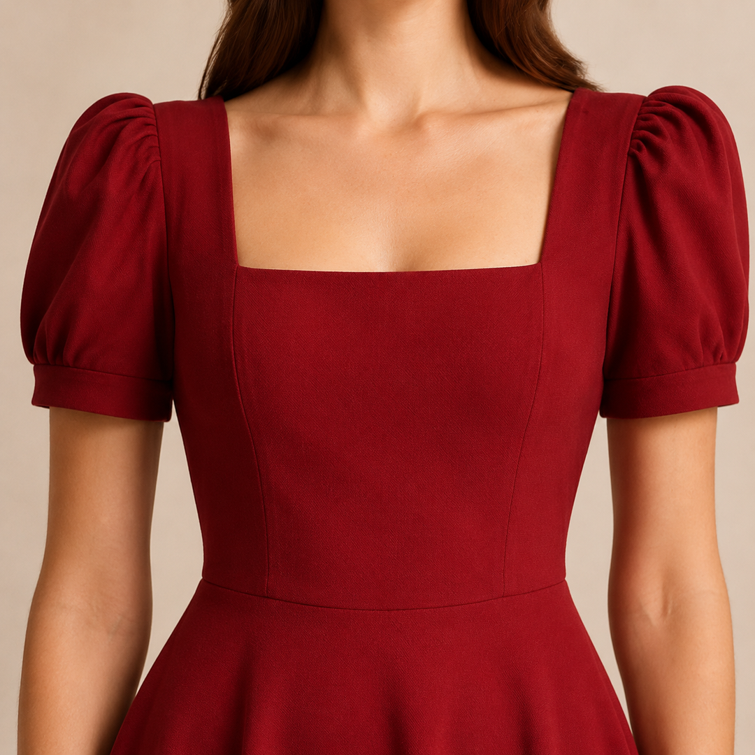 Ariane Charrier | Square Neck Puff Sleeve A-Line Midi Dress