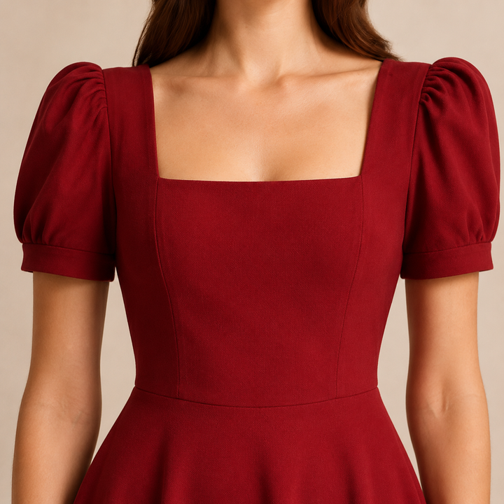 Ariane Charrier | Square Neck Puff Sleeve A-Line Midi Dress