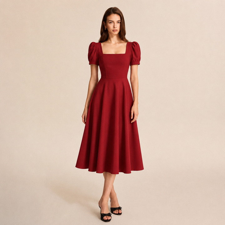 Ariane Charrier | Square Neck Puff Sleeve A-Line Midi Dress