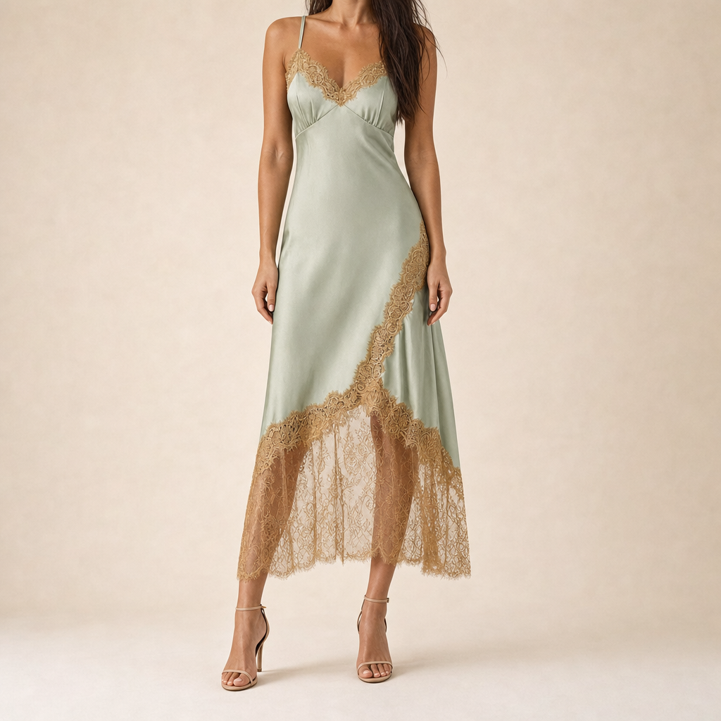 Éva Lemaire | Lace Trim Satin Slip Midi Dress