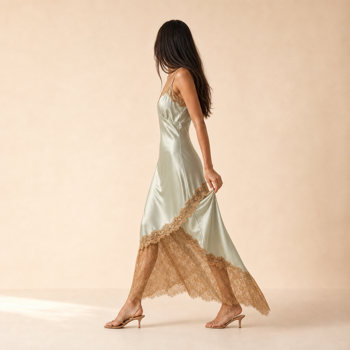 Éva Lemaire | Lace Trim Satin Slip Midi Dress