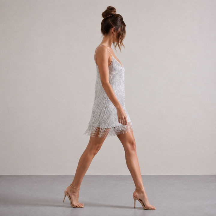 Théa Huet | Beaded Fringe V-Neck Mini Cocktail Dress