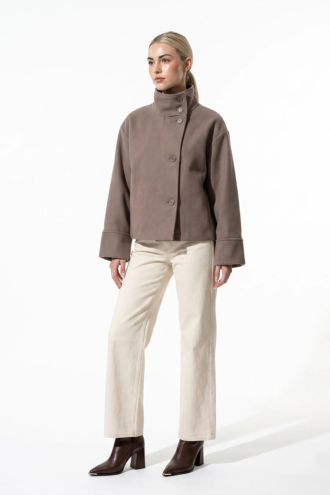 Estelle Courval | Women’s Winter Warm Short Wool Coat with Button Up High Collar