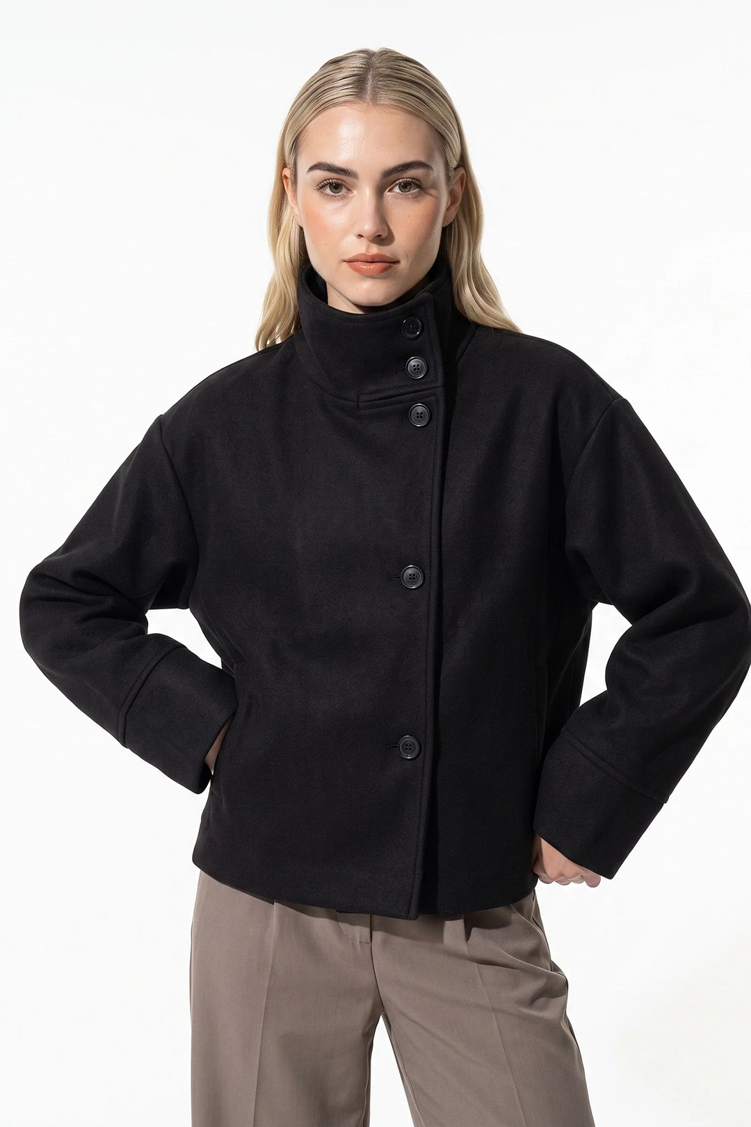 Estelle Courval | Women’s Winter Warm Short Wool Coat with Button Up High Collar