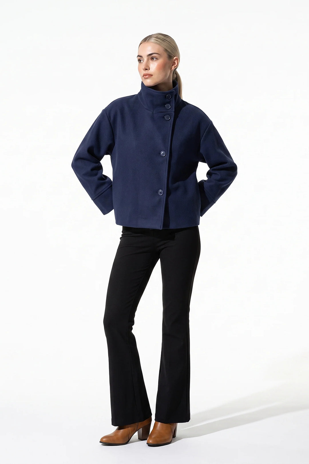 Estelle Courval | Women’s Winter Warm Short Wool Coat with Button Up High Collar
