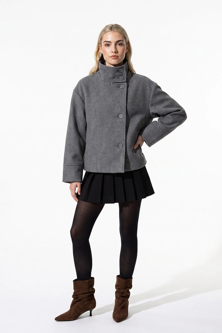 Estelle Courval | Women’s Winter Warm Short Wool Coat with Button Up High Collar