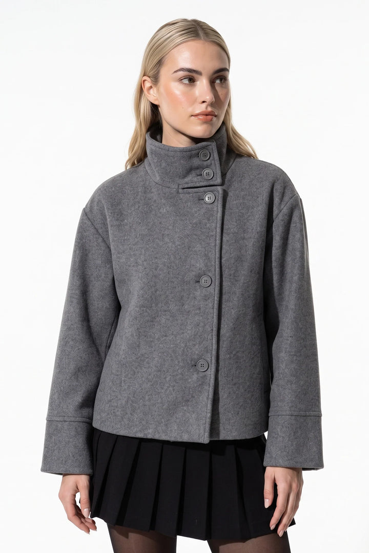 Estelle Courval | Women’s Winter Warm Short Wool Coat with Button Up High Collar