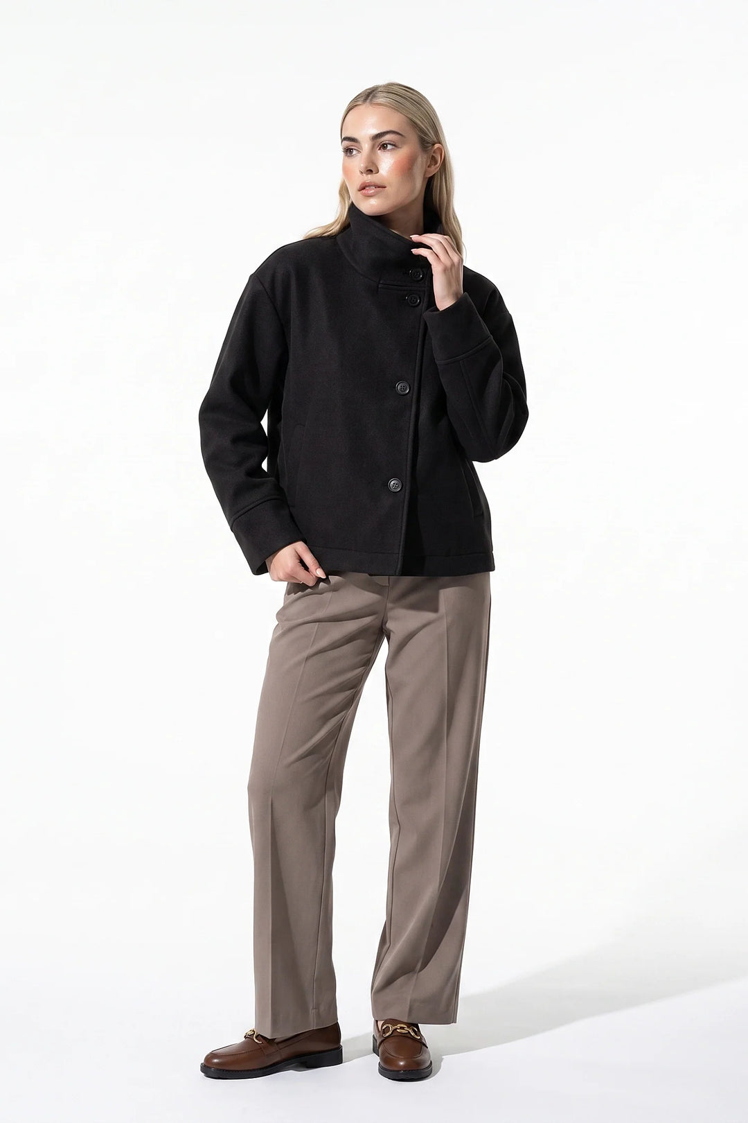 Estelle Courval | Women’s Winter Warm Short Wool Coat with Button Up High Collar