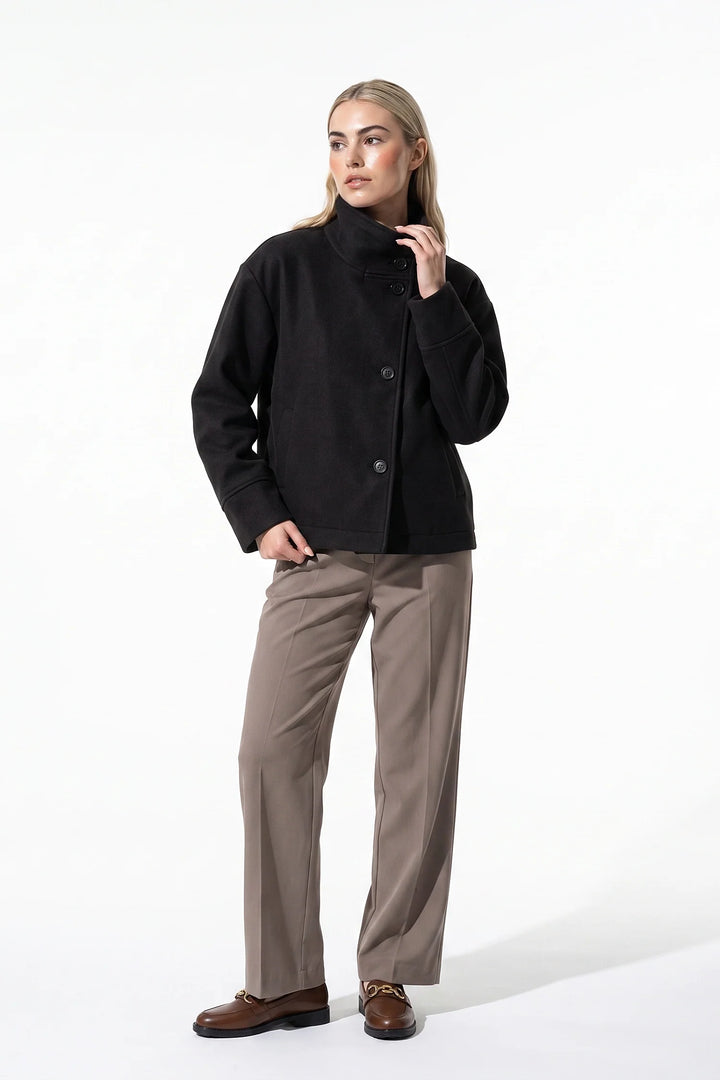Estelle Courval | Women’s Winter Warm Short Wool Coat with Button Up High Collar
