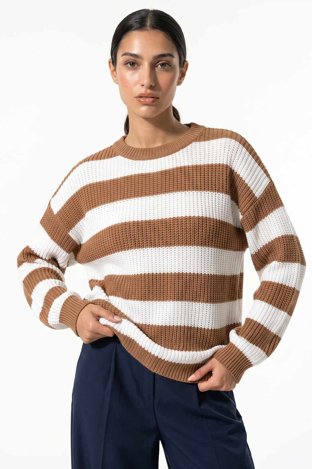 Eugénie Sorel | Women’s Winter Versatile Crew Neck Striped Knit Jumper with Oversized Fit