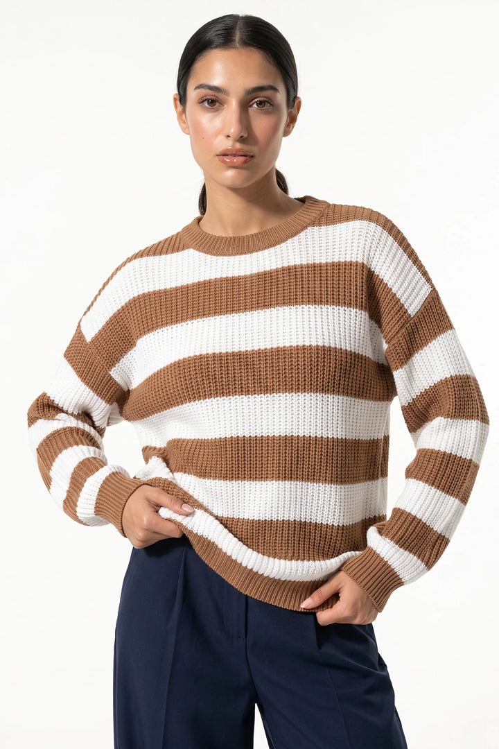 Eugénie Sorel | Women’s Winter Versatile Crew Neck Striped Knit Jumper with Oversized Fit