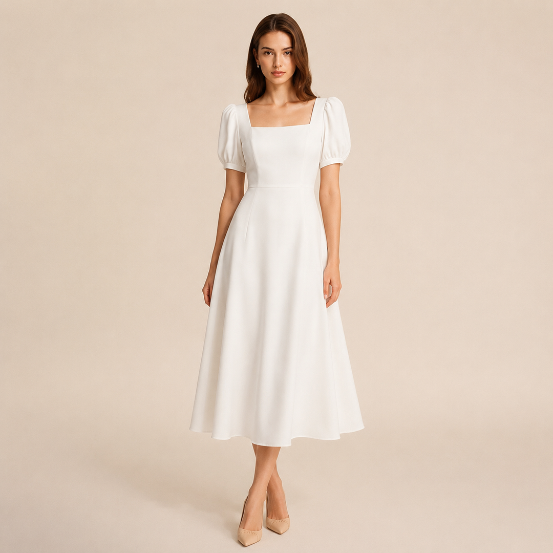 Ariane Charrier | Square Neck Puff Sleeve A-Line Midi Dress