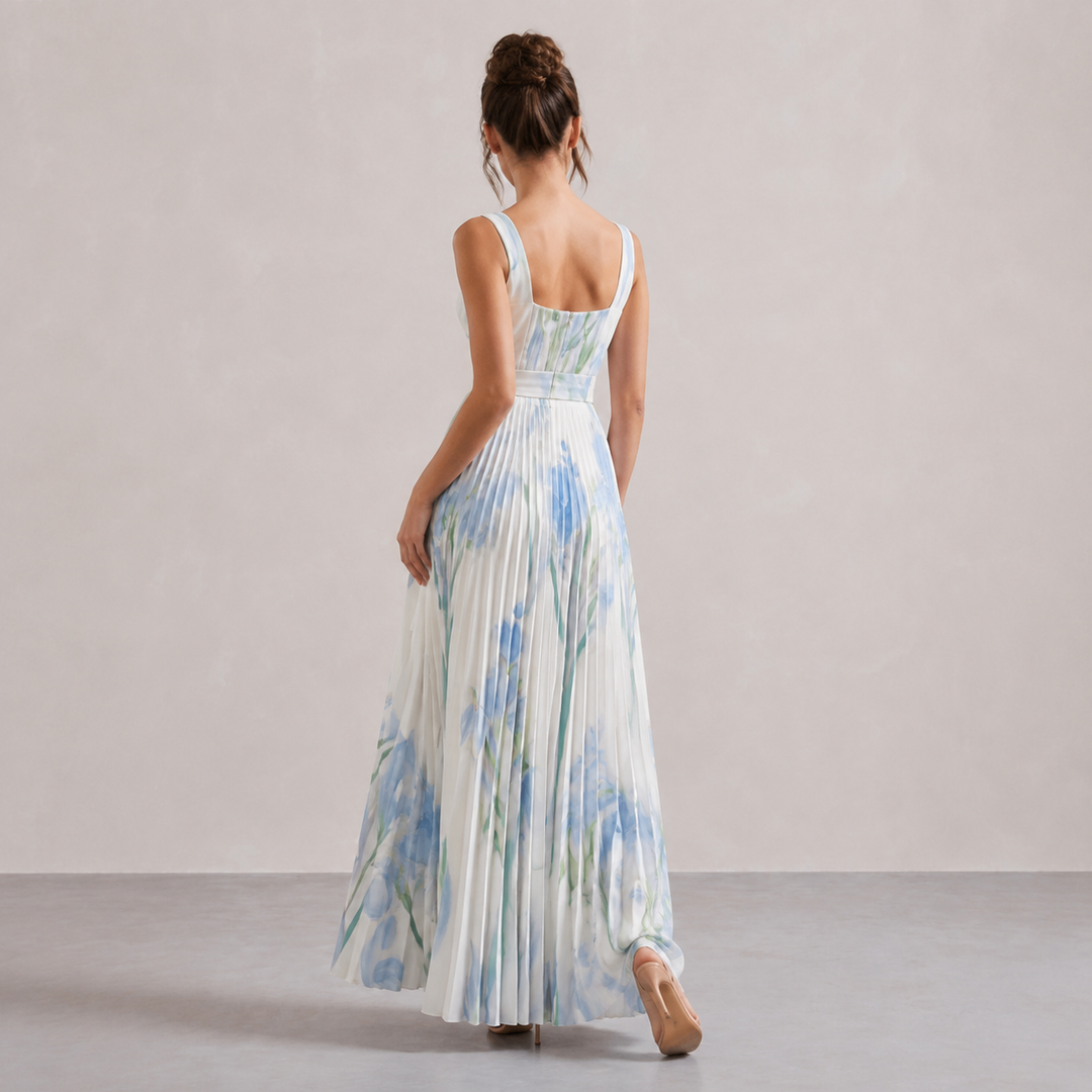 Éléonore Leduc | Floral Print Pleated Square Neck Maxi Dress