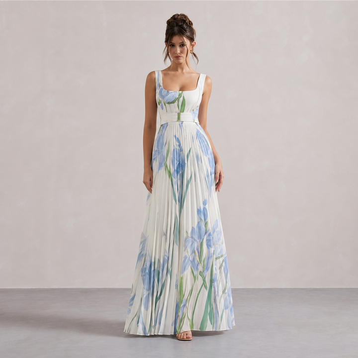 Éléonore Leduc | Floral Print Pleated Square Neck Maxi Dress