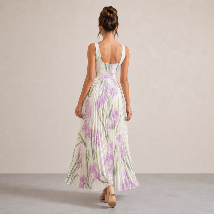 Éléonore Leduc | Floral Print Pleated Square Neck Maxi Dress
