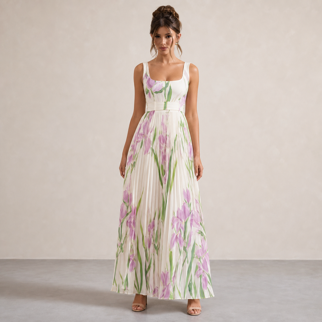 Éléonore Leduc | Floral Print Pleated Square Neck Maxi Dress