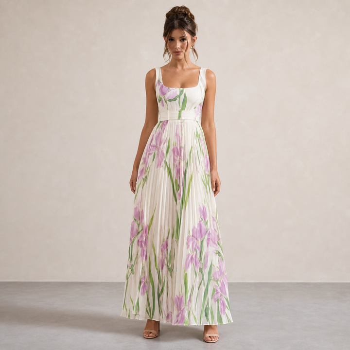 Éléonore Leduc | Floral Print Pleated Square Neck Maxi Dress