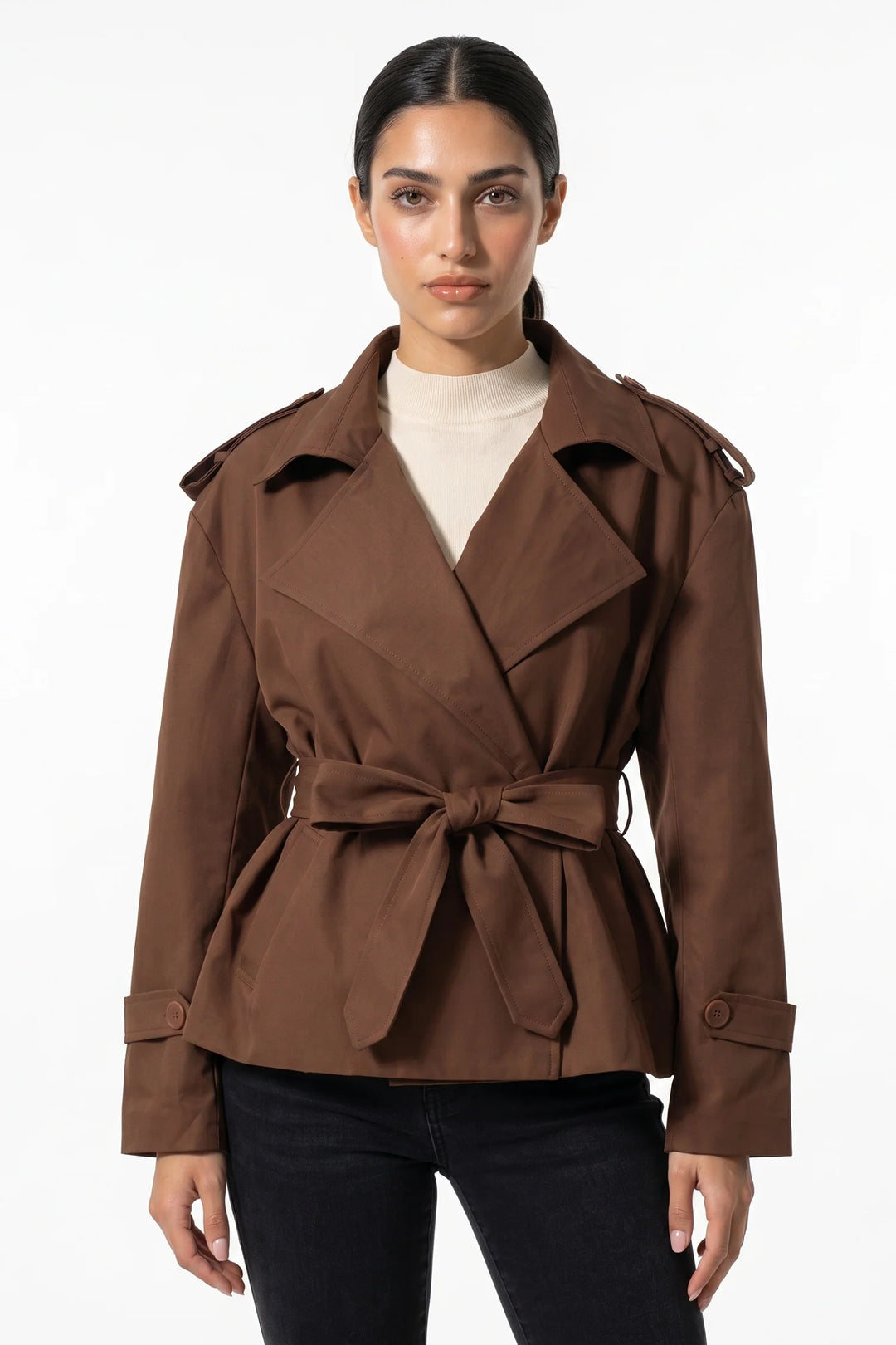 Fleur D’Avenel | Women’s Short Cropped Trench Coat with Belted Waist